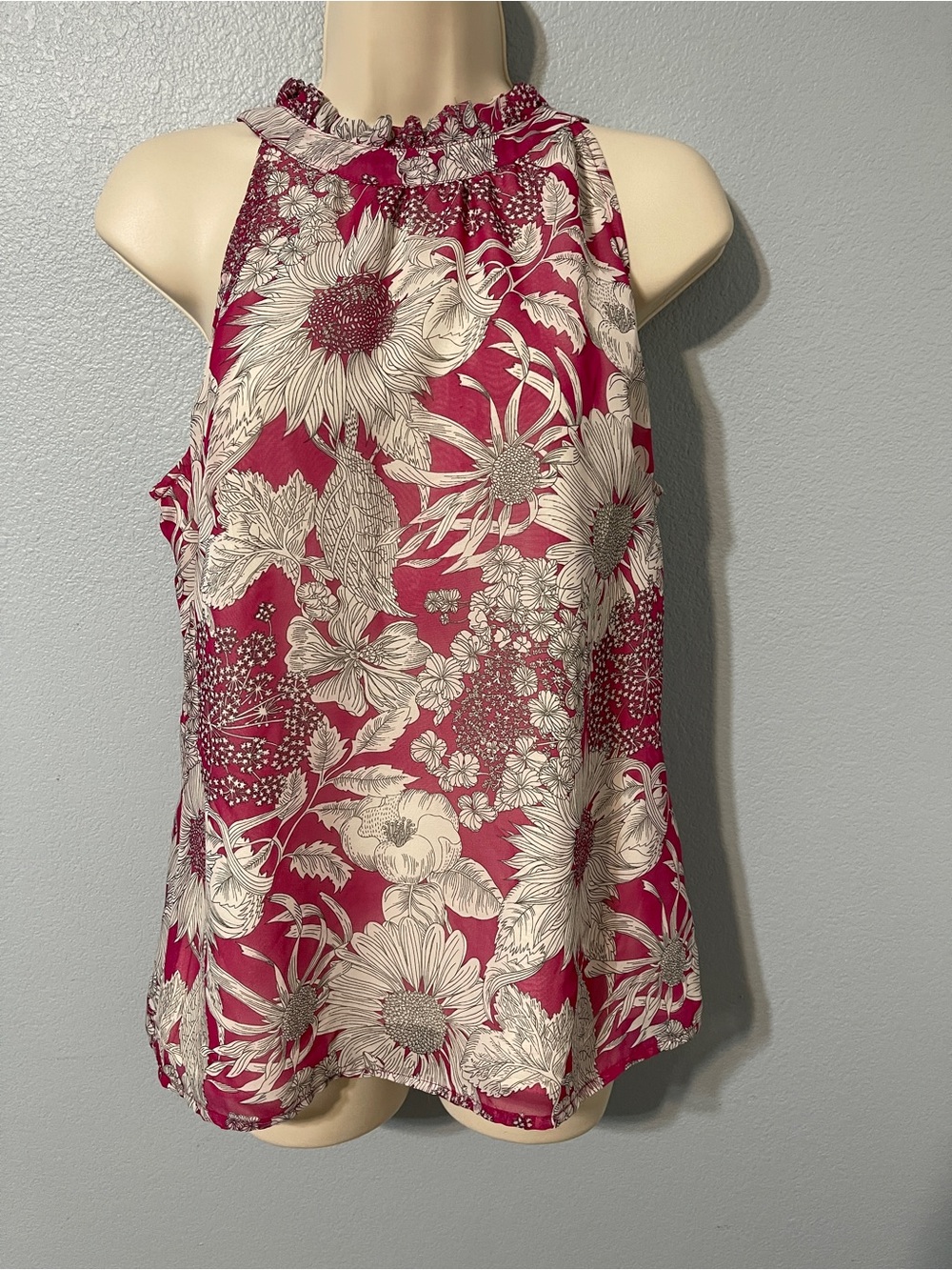 Liberty of London Target Floral Blouse Pink Ruffle Neck Sleeveless Boho Medium